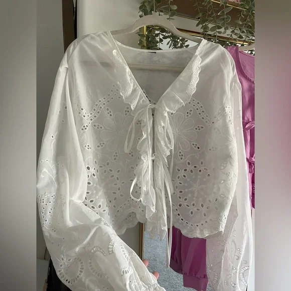 Women’s Lace-Trim Tie-Front Top Bundle - Pink and White - Picture 3 of 4